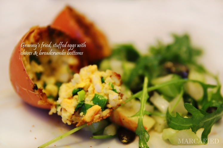 Granny's fried, stuffed eggs with chives & breadcrumbs bottoms_